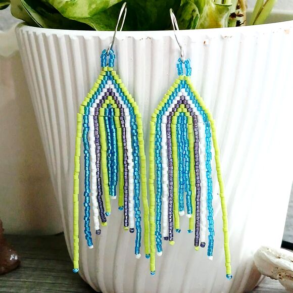 Boho Chic Beaded Cascade Fringe Dangle Earrings, Seed Bead Jewelry, 3.75" - Picture 3 of 5